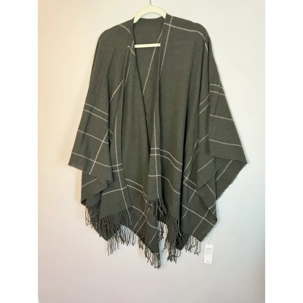 Eileen Fisher Wool Twill Green Plaid Wrap Fringe $188 NWT